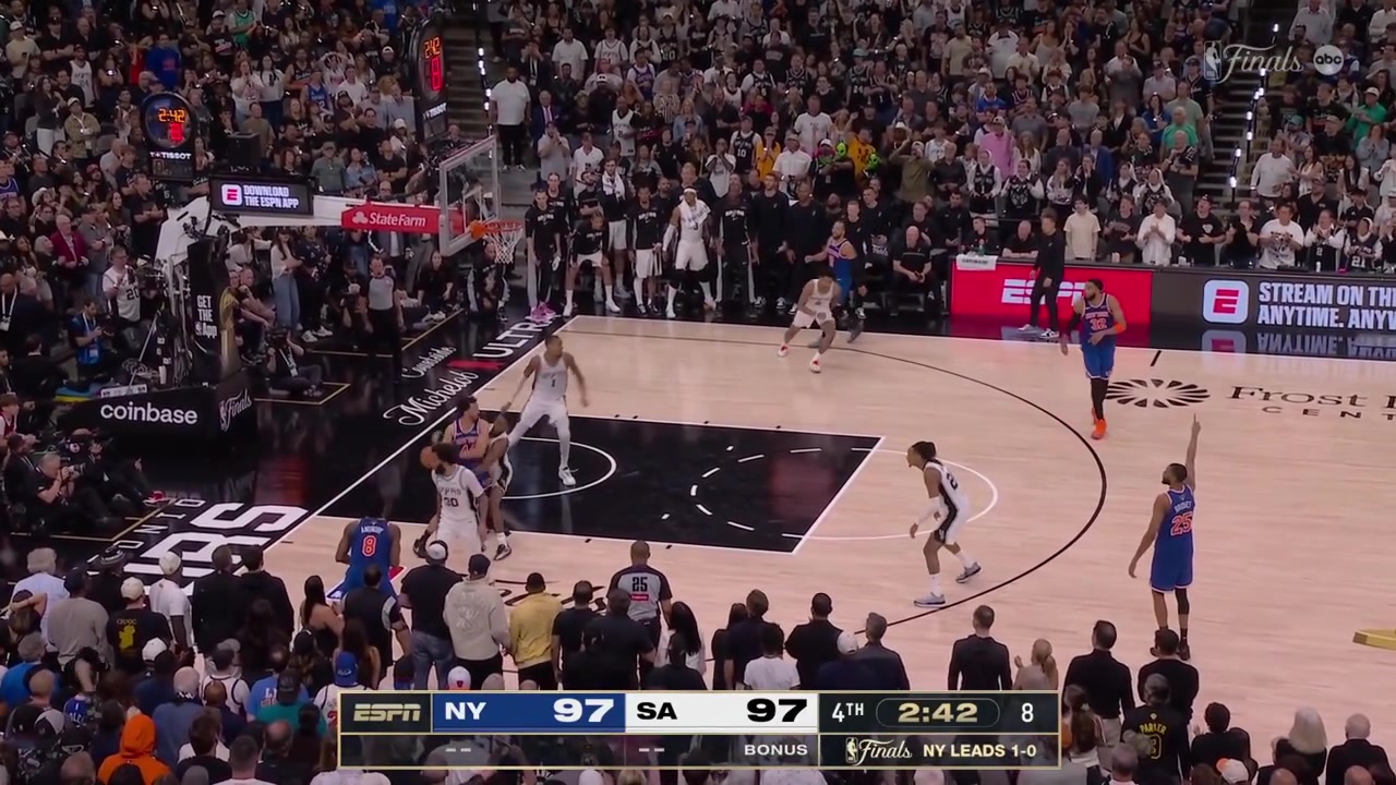 OG Anunoby gets fouled on the 3-point attempt and it causes him to throw the ball out of bounds the refs call a Spurs' ballThe Knicks successfully challenge the call and OG makes all the three clutch free throws