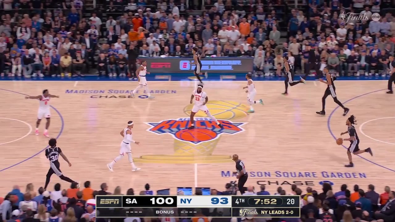 Victor Wembanyama hits a big 3-pointer And-1 but the Knicks successfully challenge the call as Keldon Johnson pushed Mitchell Robinson on Wemby and the 3-pointer is also waived offInstead being up 10 with a chance for 11 the Spurs remain up 7
