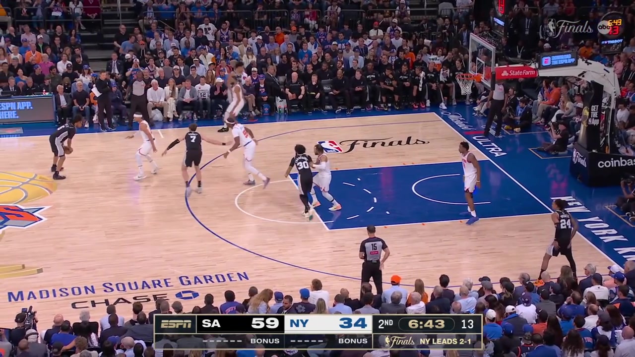 Jalen Brunson intercepts the pass for the Spurs' first turnover of the game and Brunson scores the layup with his off-hand at the other endThen Brunson scores another off-hand layup on Julian Champagnie and the Spurs take a timeout with replays