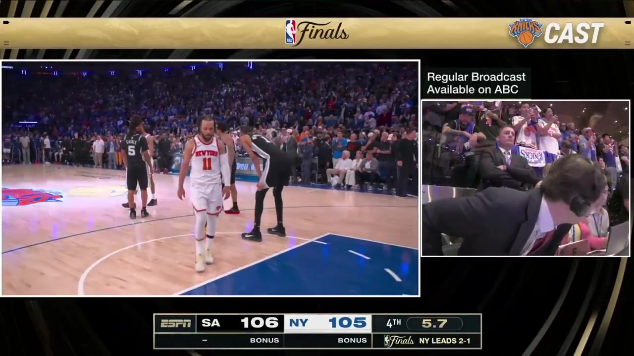 The Knicks radio broadcast reacting to the game-winner by OG Anunoby and the missed potential game-winner by CastleThey also get wet a bit as Knicks fans celebrate about them and the announcer used the term soak it up New York on purpose in retaliation