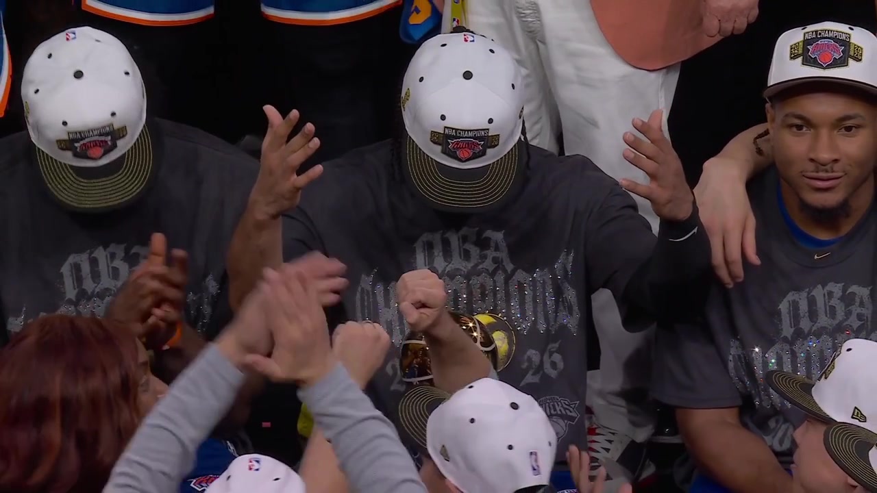 Jalen Brunson having a moment with the Finals MVP Trophy then talks to his wife trolls Karl-Anthony Towns a bit and KAT continues to kiss the Larry O'Brien Championship TrophyIt was shown after the ABC broadcast