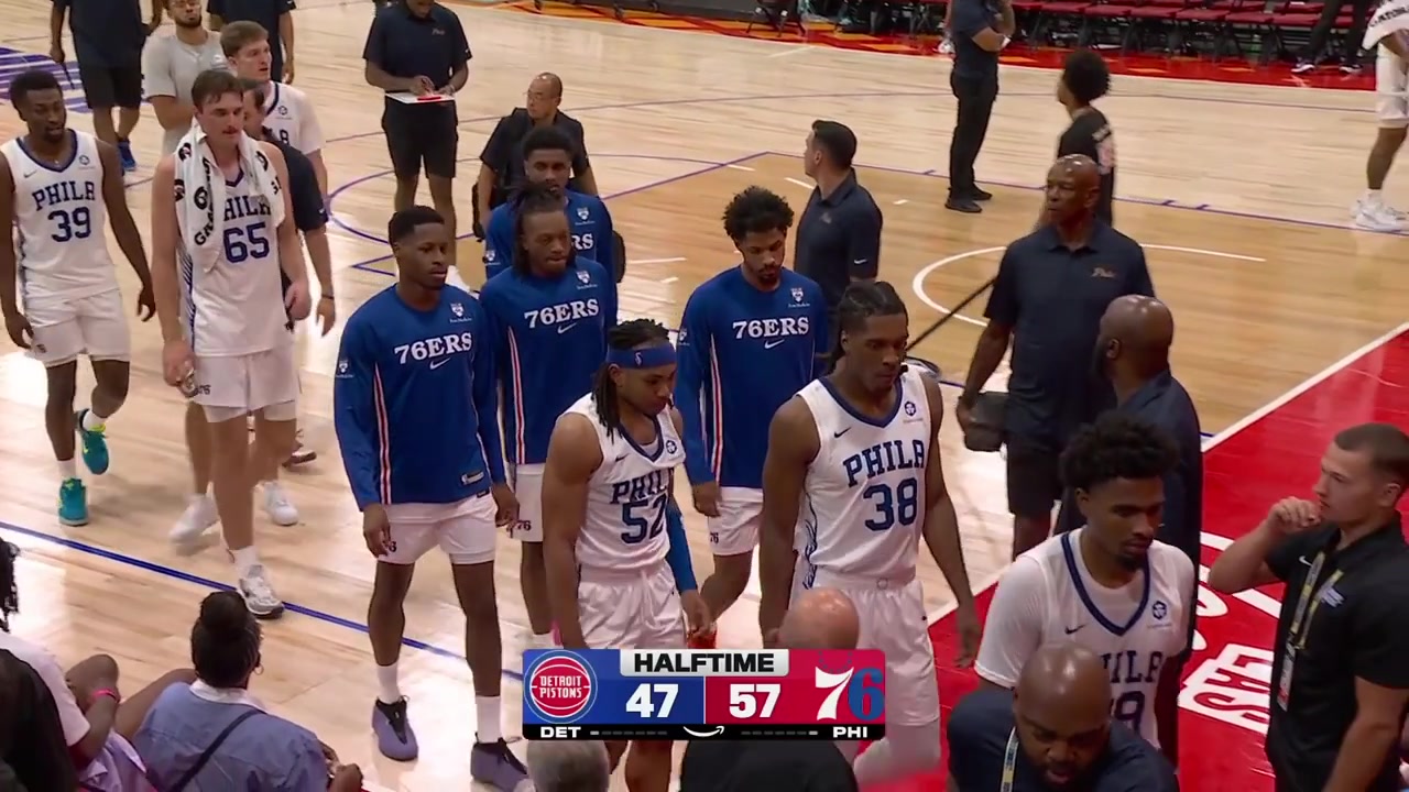 Labaron Philon halftime interview on the court and replays of 1st half highlights - 76ers vs Pistons