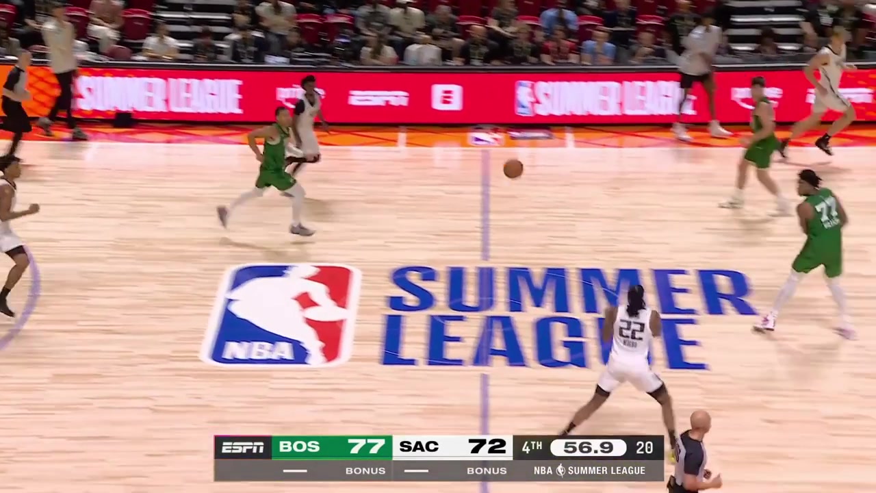 Alex Karaban hits a clutch 3 to cut the Celtics' lead to 2 Milos Uzan with a big clutch layupKaraban misses the layup at the other end hustles for the rebound grabs it and calls a timeoutThe only problem is that the Kings have none remaining Announcer is confused due to scorebug