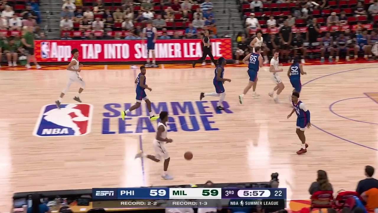 Kam Jones scores the tough layup and gets injured while falling Brayden Burries intercepts a pass checks on his teammate and scores the fastbreak dunkHe then fouls so injured Jones will be subbed outThe 76ers decide to take a timeoutWith a replay