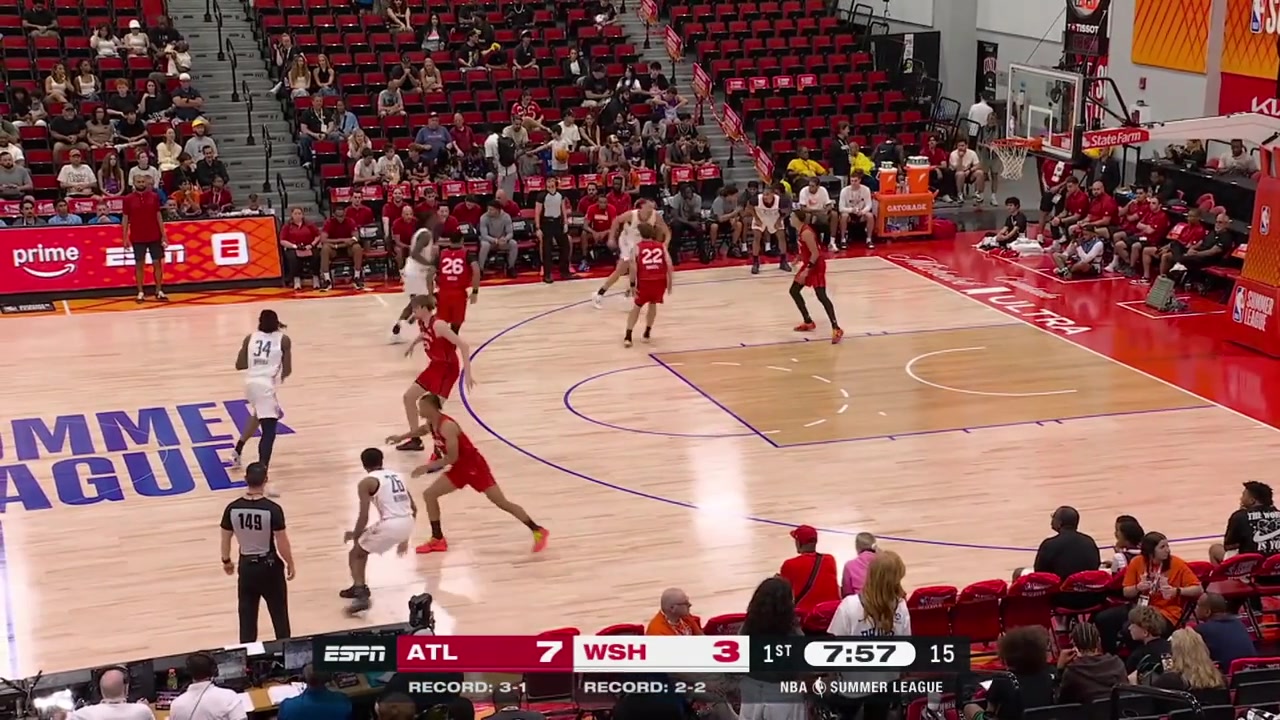 6'3'' Seth Trimple with a superb block on the dunk attempt by his former North Carolina teammate 7'0'' Henri Veesaar with a replay Wizards vs Hawks - Summer League