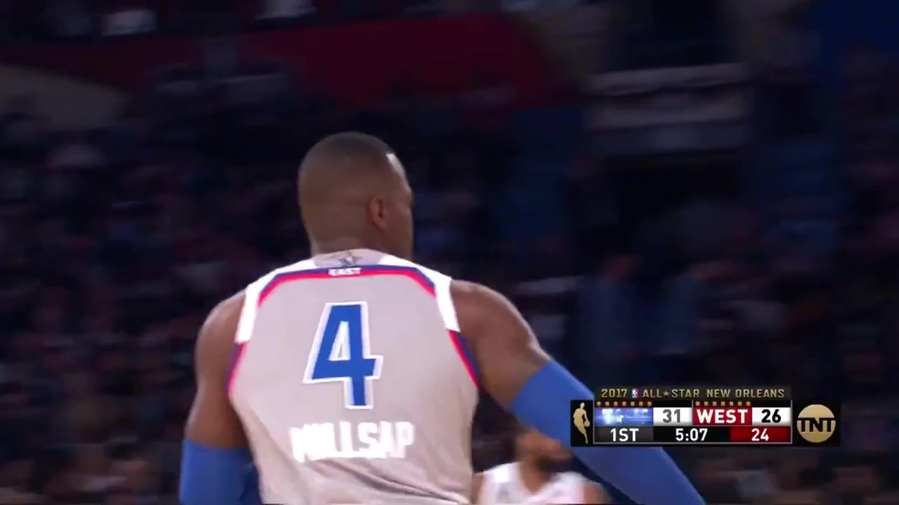 Russell Westbrook alley-oop dunk off the give and go with Kevin Durant in the 2017 All-Star Game and the bench celebrates with them shortly after with replays