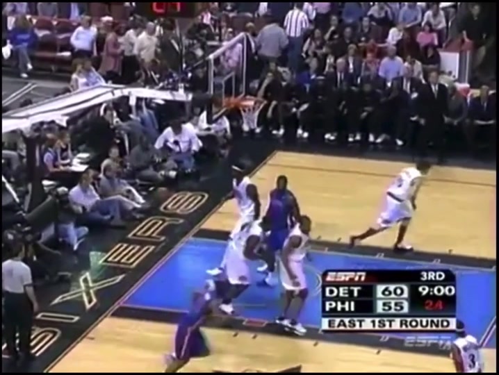 Ben Wallace picks up Allen Iverson full court and successfully draws an offensive foul