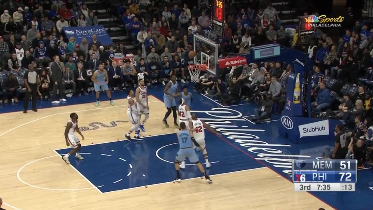 Simmons pushes the pace in transition and throws a beautiful no-look to Thybulle for the hammer