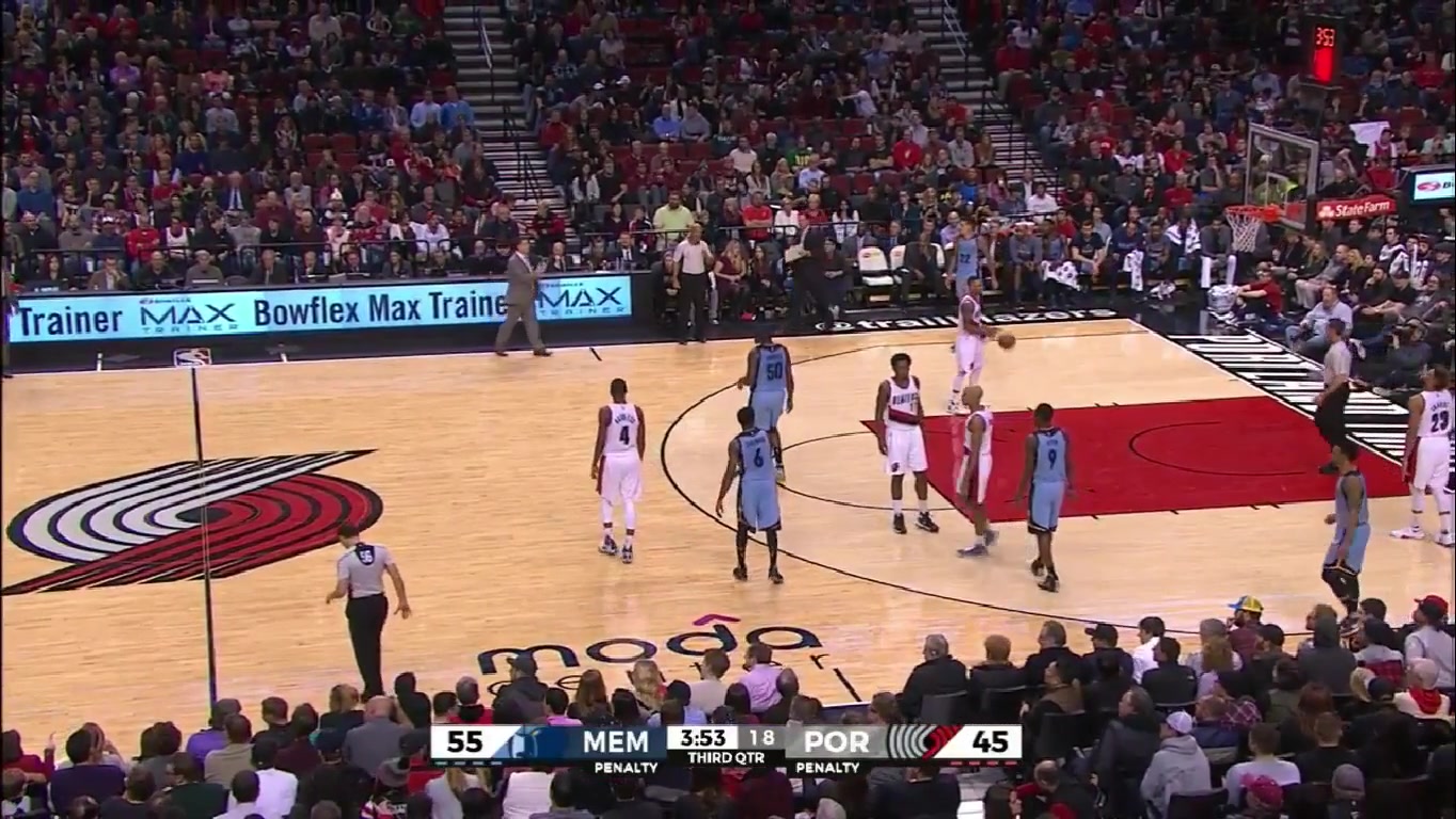 "Ahhh, there goes the fries." Ref Brett Nansel commits the ultimate party foul. Knocks a 6-pack of beer onto the court.
