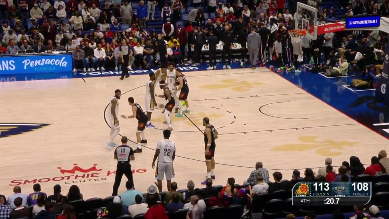Lowlights Down 7 with few seconds remaining in regulation Derik Queen decides to drive to the rim gets fouled by Devin Booker with 04 seconds remaining Booker wants the Suns to chalenge the call and eventually Derik Queen misses both free throws and game ends Dillon Brooks is hyped