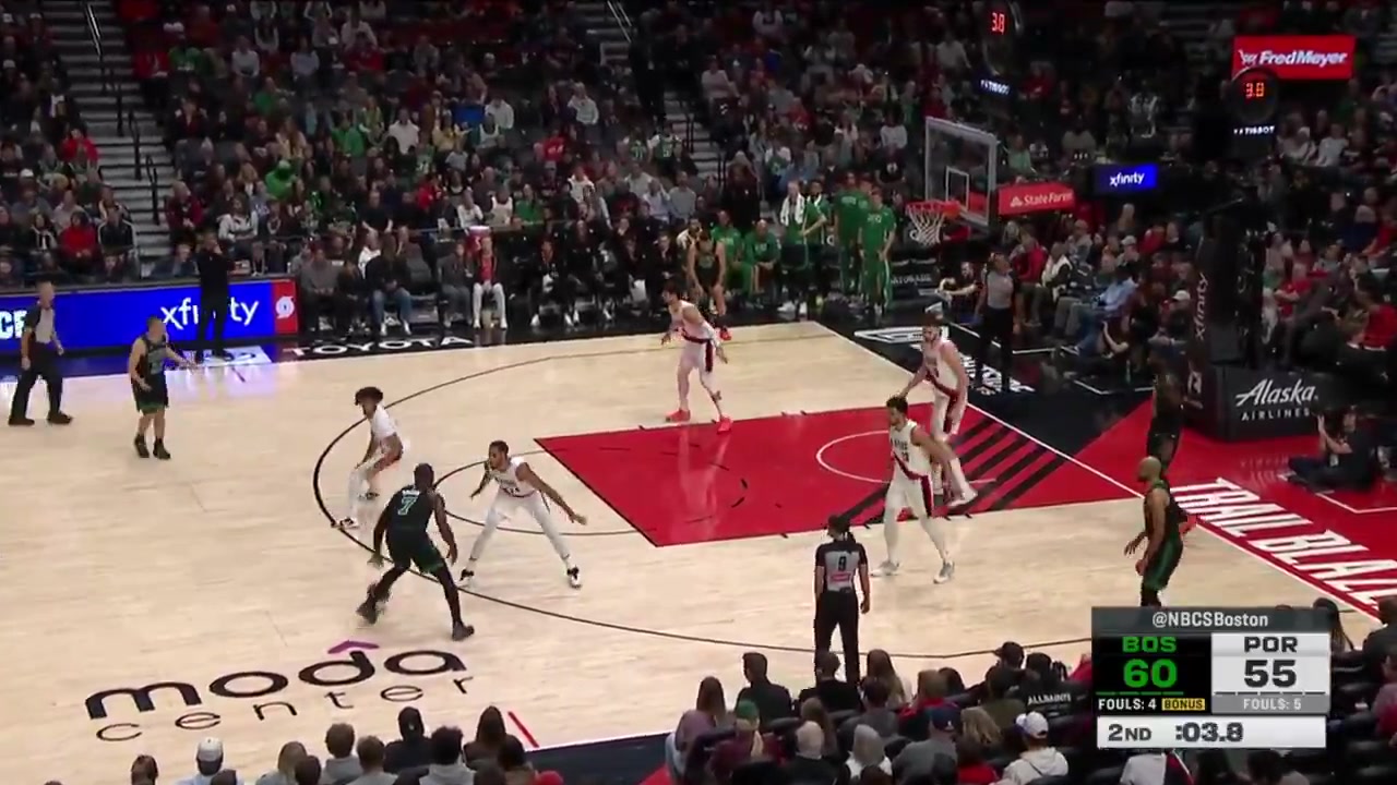Jaylen Brown hits a filthy step back 3 to beat the halftime buzzer and has some words for Toumani Camara and the Blazers fans after He has 27 points at halftime