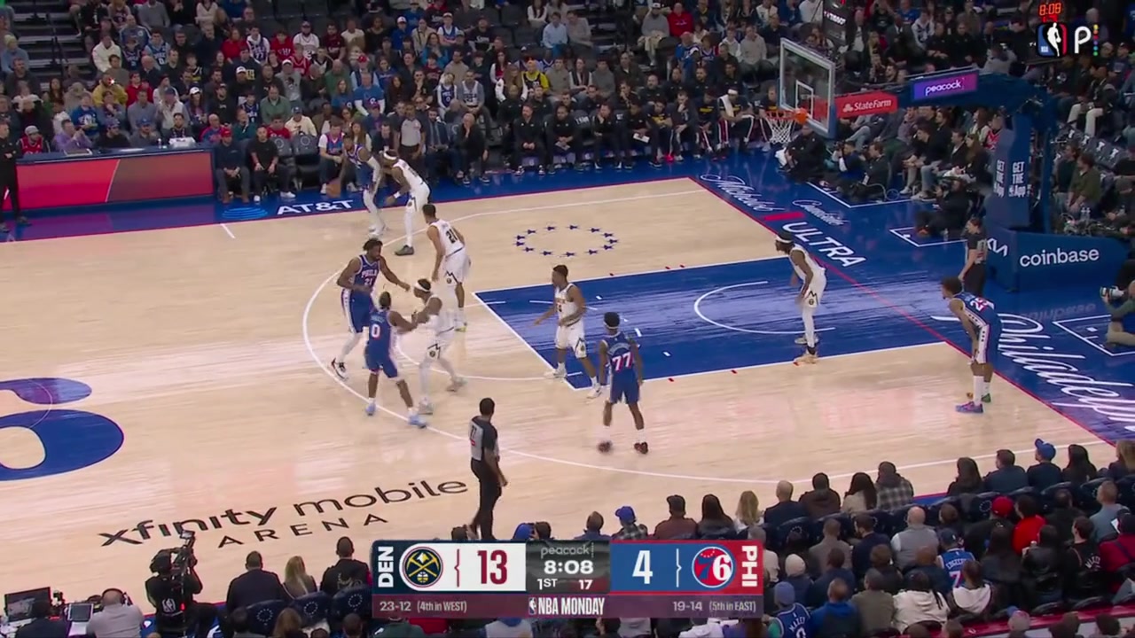 Joel Embiid hits a short jumper inside draws contact on DaRon Holmes II for the foul and makes the free throw to complete the three-point play