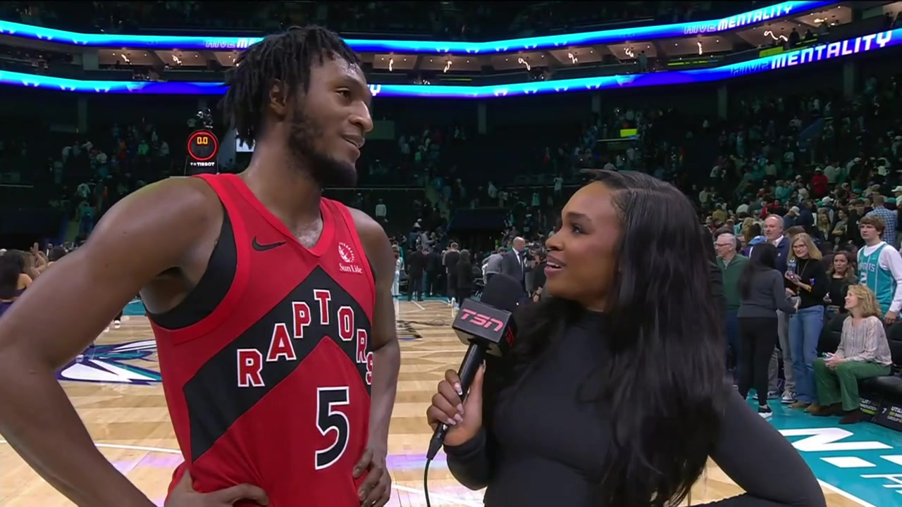 Immanuel Quickley postgame interview on the court after hitting the game-winner buzzer-beater to win the Hornets