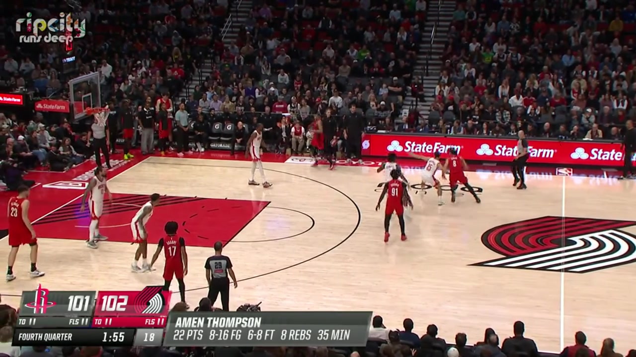 Jabari Smith Jr fouls Sidy Cissoko on the 3-point attempt and Kevin Durant throws a bottle of water with force on the Rockets' bench spilling some water and seems to be saying words during the Rockets' challenge unsuccessful