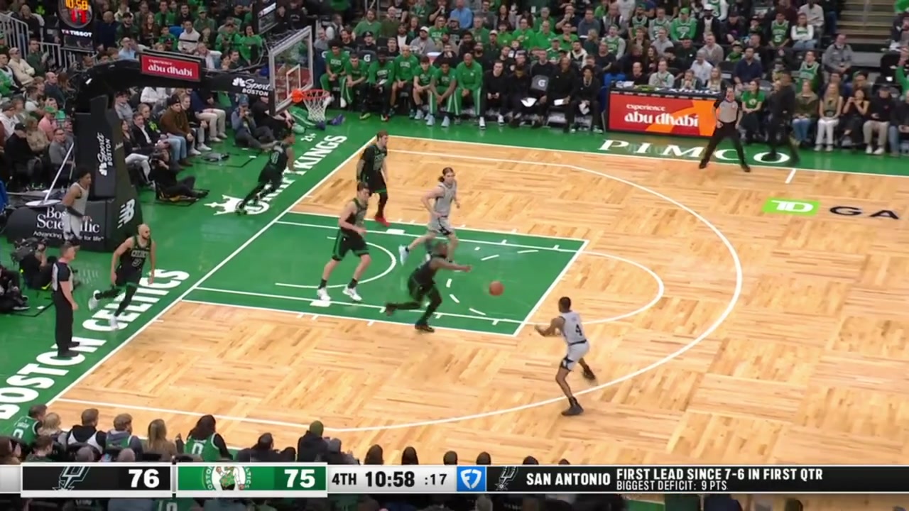 Victor Wembanyama blocks Jaylen Brown's layup attempt on the fastbreak and throws it down at the other end with replays Spurs and Celtics commentaries