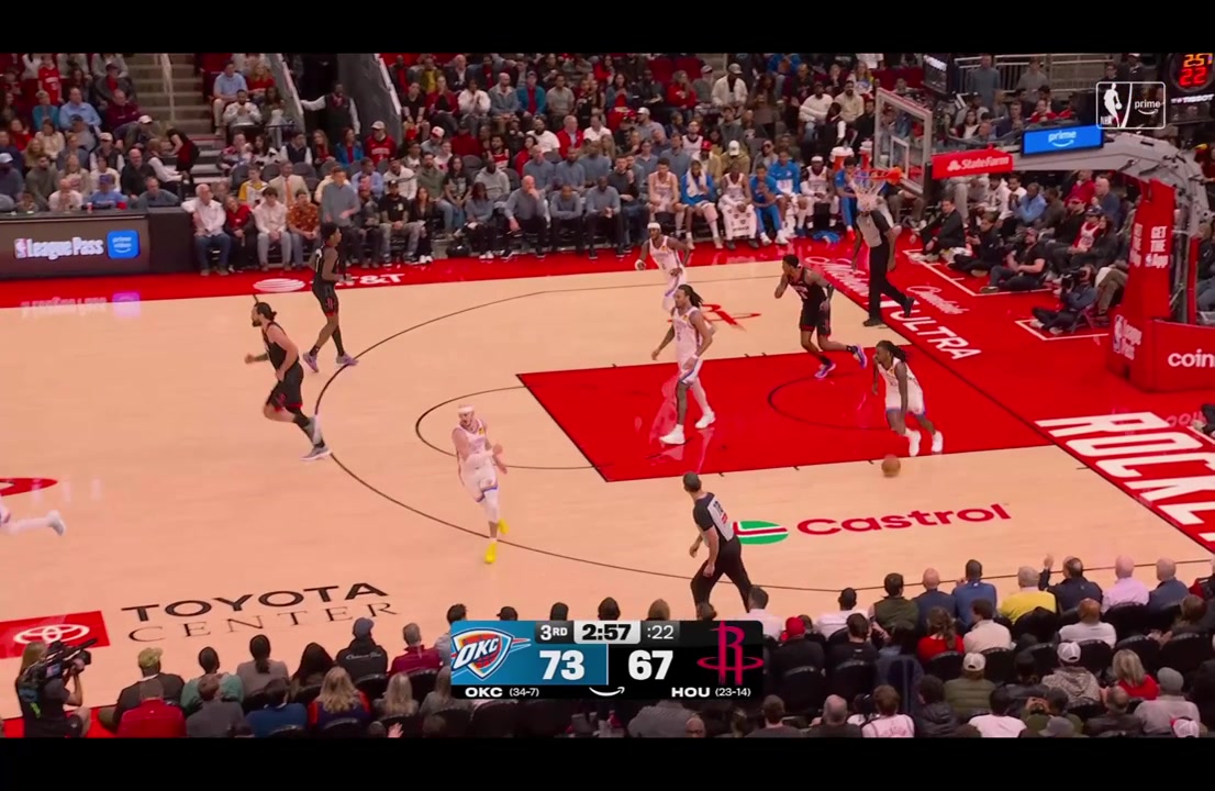 KD blocks AJ Mitchell on one end leading to the transition 3 on the other end