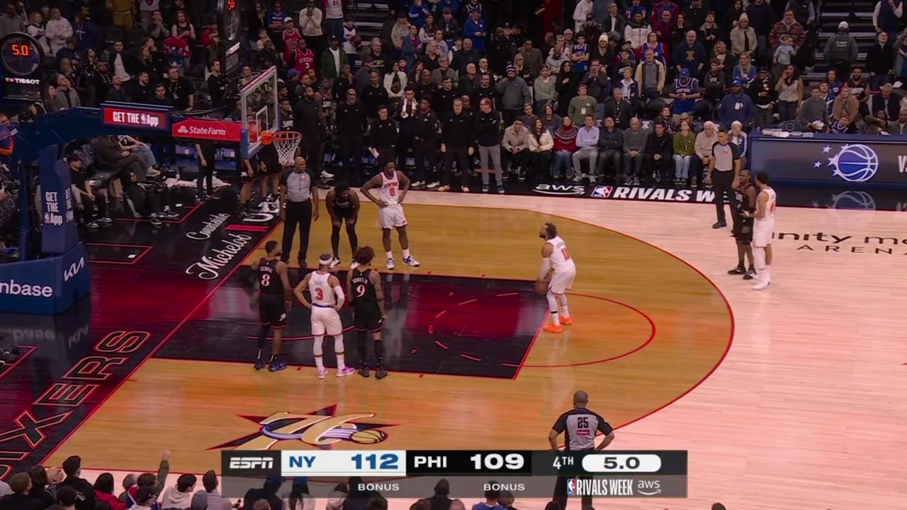 Up 3 with 50 seconds remaining in regulation Jalen Brunson misses both clutch free throws and Joel Embiid turns the ball over claims he got fouled with a replay Knicks win