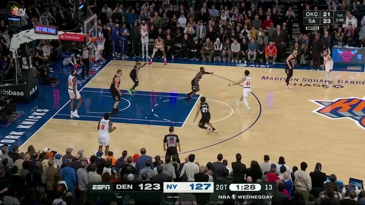 Mikal Bridges finally connects from deep hitting the corner three in double OT for his first 3 pointer and giving the Knicks a 7-point lead