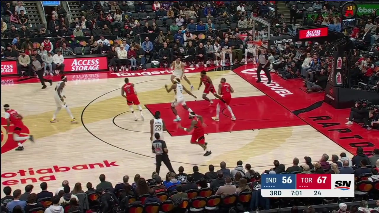 Scottie Barnes spins splits the defense and slams it down as commentary gets a bit TOO excited prompting an apology after commercial break