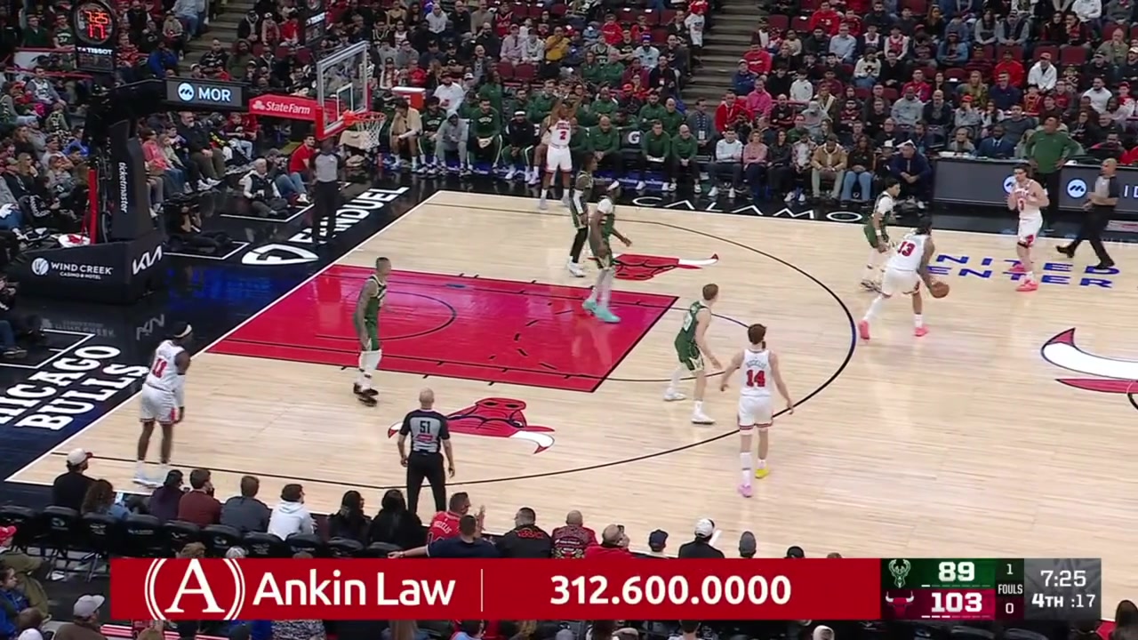 Nick Richards with a powerful one-handed alley-oop dunk off a lob by Josh Giddey with replays Bulls and Bucks commentaries