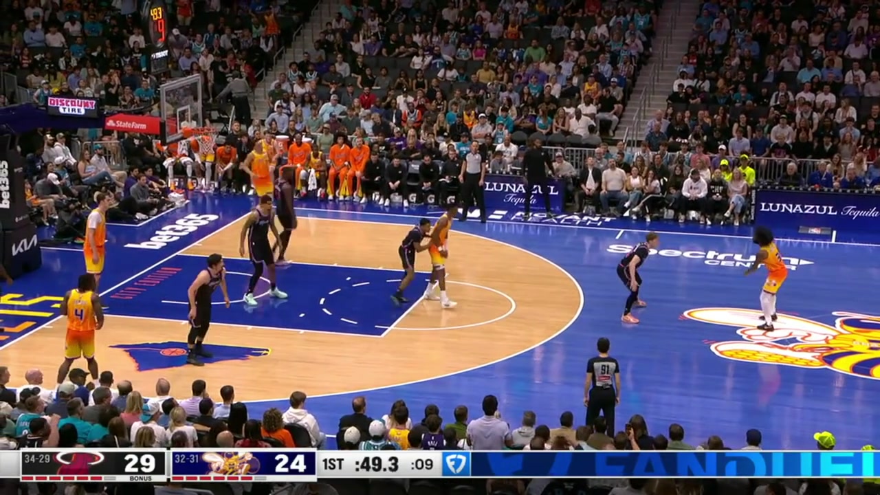 Brandon Miller with the 3-pointer in Kasparas Jakuionis' face to beat the shot clock with replays