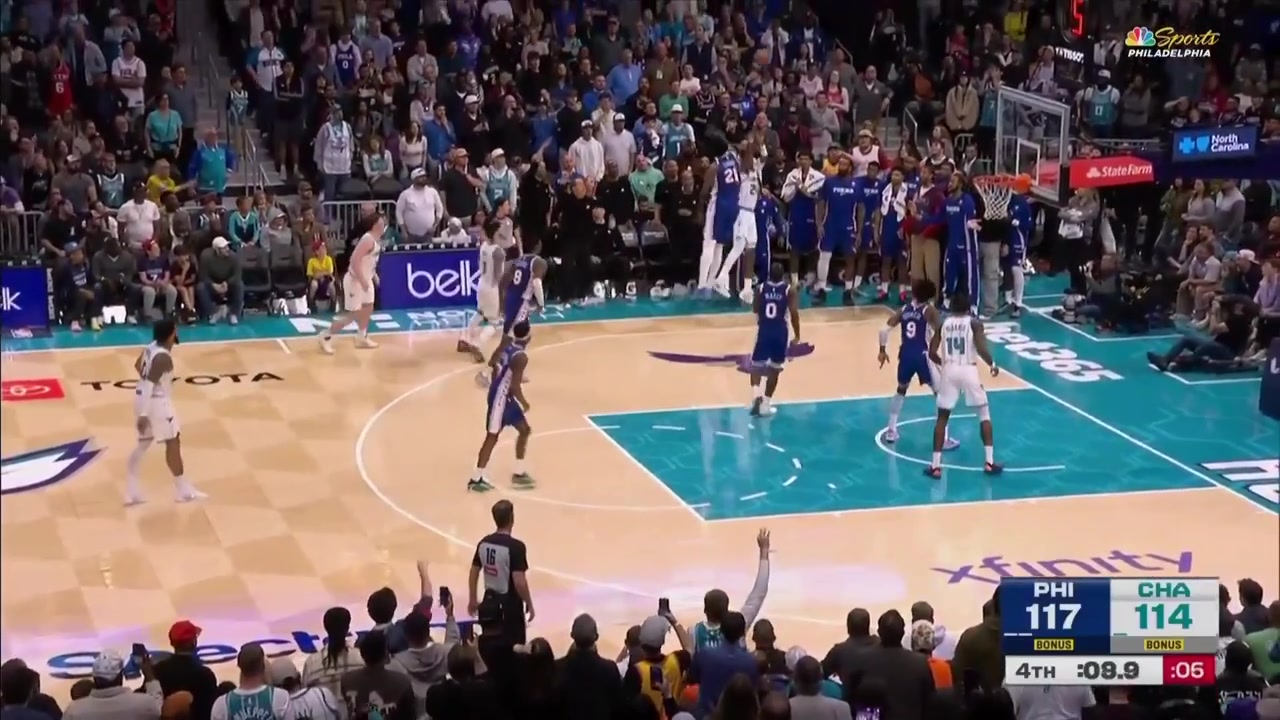 Joel Embiid comes from out of NOWHERE to swat away Brandon Miller's game-tying three-point attempt to preserve the Sixers' 3-point lead with just 7 seconds left