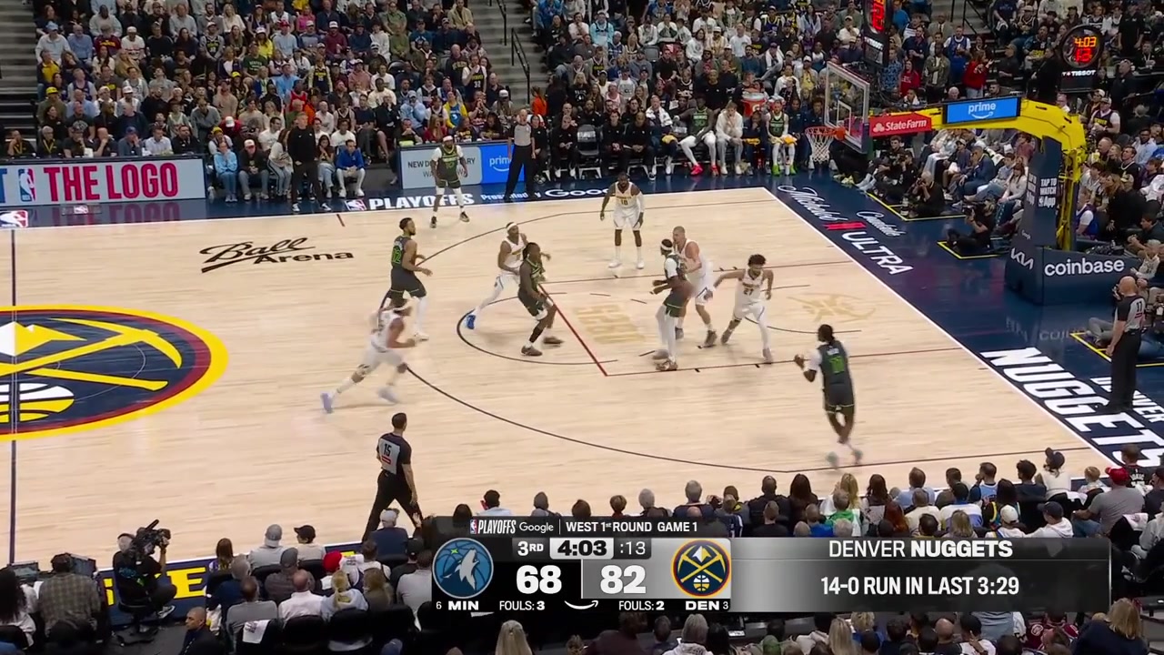 Jaden McDaniels scores the fadeaway over Nikola Jokic and then pushes in Jokic in the back off the ball all the way to the fans behind the stanchion with a replayA technical foul for McDaniels