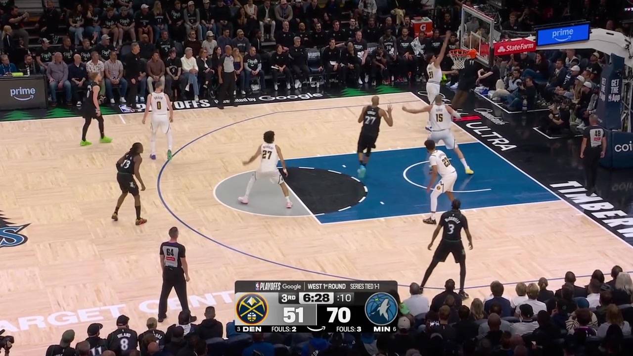 Rudy Gobert goes to his bag and nearly makes the tough lefty shot on Nikola Jokic with replays