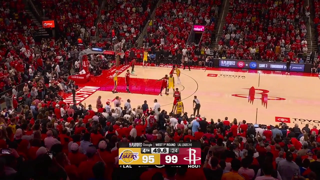 Alperen Sengun intercepts the pass by LeBron James and dunks it at the other end putting the Rockets up 6 LeBron James misses the 3 but Jabari Smith Jr with a horrible bad pass Marcus Smart makes three clutch free throws to cut the lead down to 3 with replays