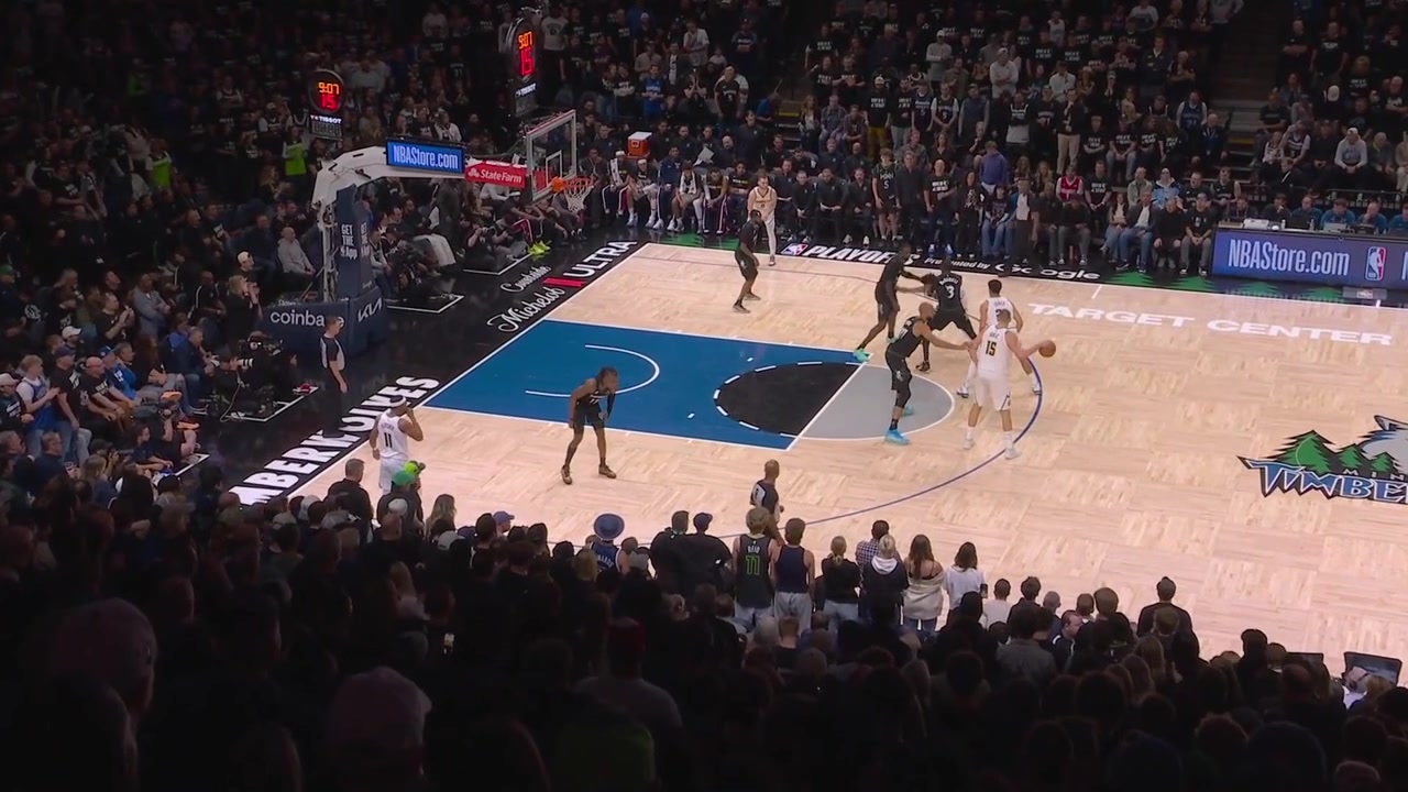 Rudy Gobert blocks Jamal Murray shortly after finds Mike Conley for a 3-pointer then continues with great defense on Nikola JokicAyo Dosunmu banks in the floater over Jokic giving him 32 points putting the Wolves up 13 with replays