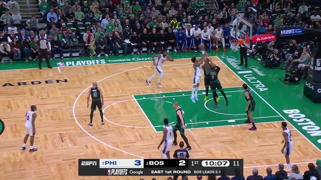Kelly Oubre Jr scores over two Celtics in the paint and Joel Embiid gets tripped barely keeps his balance