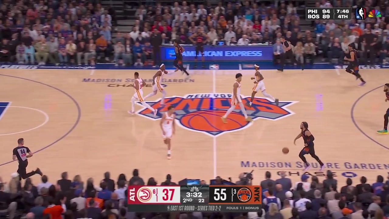 Jalen Brunson scores the putback off his own miss and then scores the fastbreak layup putting the Knicks up 22 points with 3 minutes remaining to the 1st half with replays
