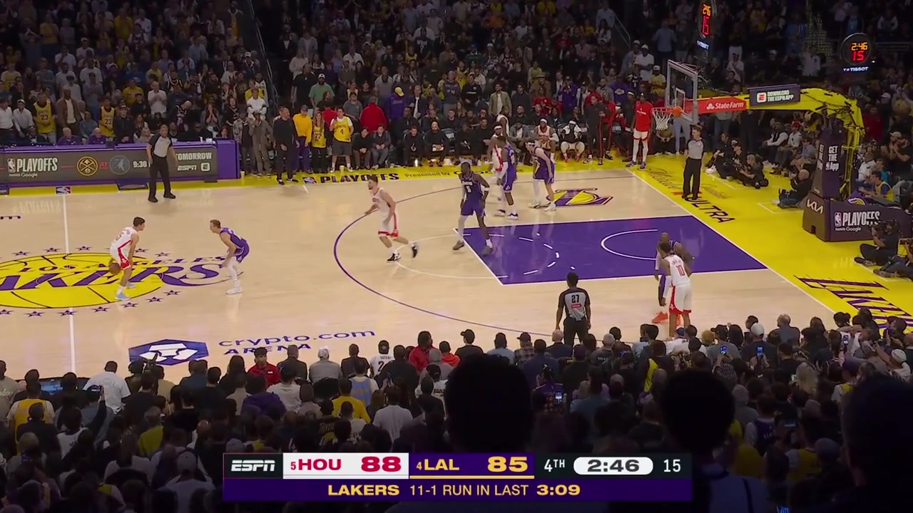 Reed Sheppard hits the jumper over Deandre Ayton strips LeBron James and finishes with the fastbreak dunk putting the Rockets up 7 with replays