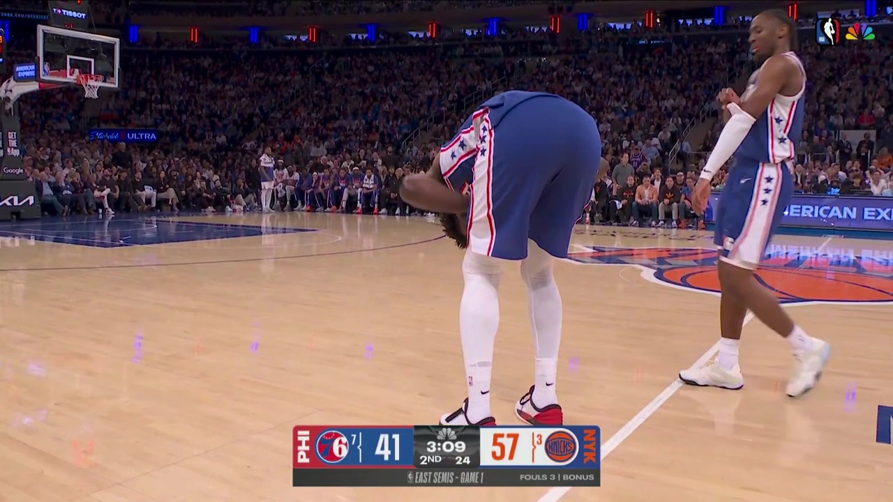 Joel Embiid gets hit right in the appendectomy keeps playing