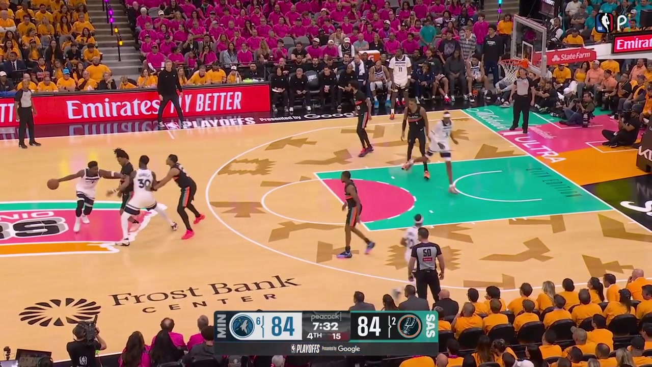 Anthony Edwards scores a layup off a Gortat screen by Julius Randle keeping Wemby out Fox with his 6th turnover off a good strips by Randle and Anthony Edwards goes 1v1 against Keldon Johnson goes around him and scores his 11th point of the 4th quarter exchanging words with Keldon