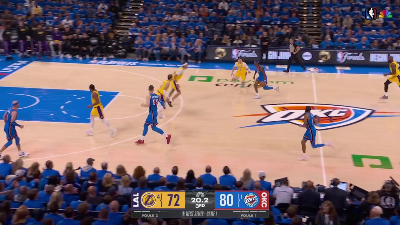 Ajay Mitchell hits the corner 3-pointer And-1 after a reckless closeout by Marcus Smart who signals his teammates 'my bad' with replays