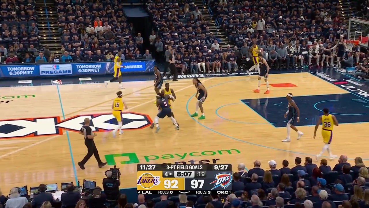 Austin Reaves fouls Shai Gilgeous-Alexander and LeBron James lands after the chasedown attempt in the vicinity of SGA getting hurt with replaysUpon a long review no further penalties