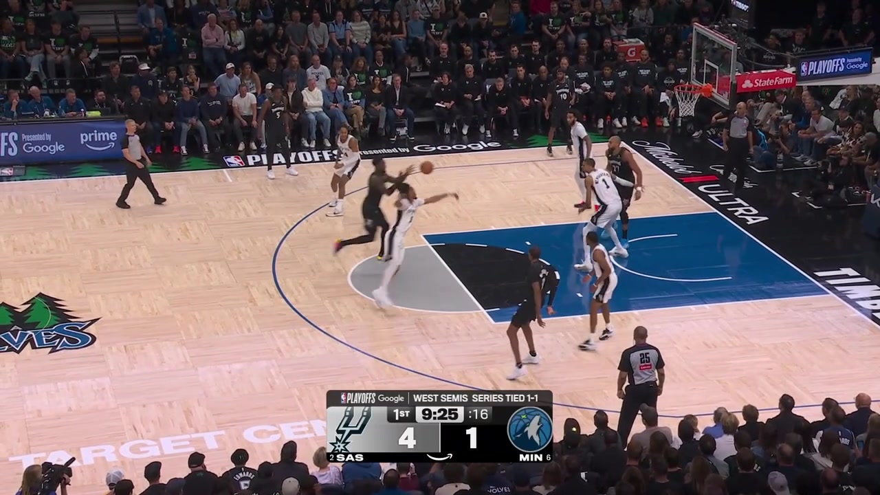 Victor Wembanyama blocks Julius Randle under the rim and scores the And-1 on Jaden McDaniels at the other end With replays