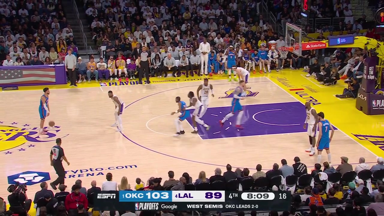 Ajay Mitchell hits a 3-pointer over LeBron James then somehow manages to hang in the air and score a tough bucket causing Shai Gilgeous-Alexander to say Oh my God while waiting at the score's table with replaysLeBron James scores a layup
