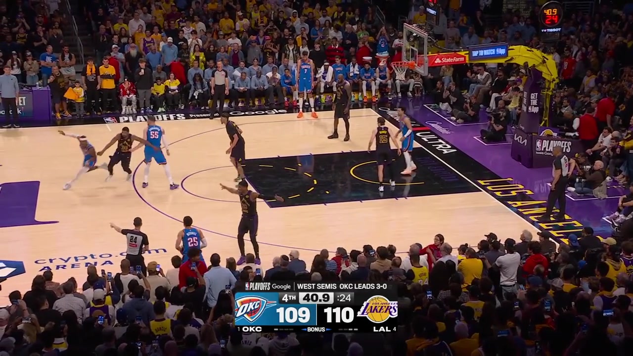 Chet Holmgren manages to power through LeBron James and Austin Reaves and dunks it to give the Thunder the lead with 328 seconds remaining in regulation with replaysLuka thinks it was a travel