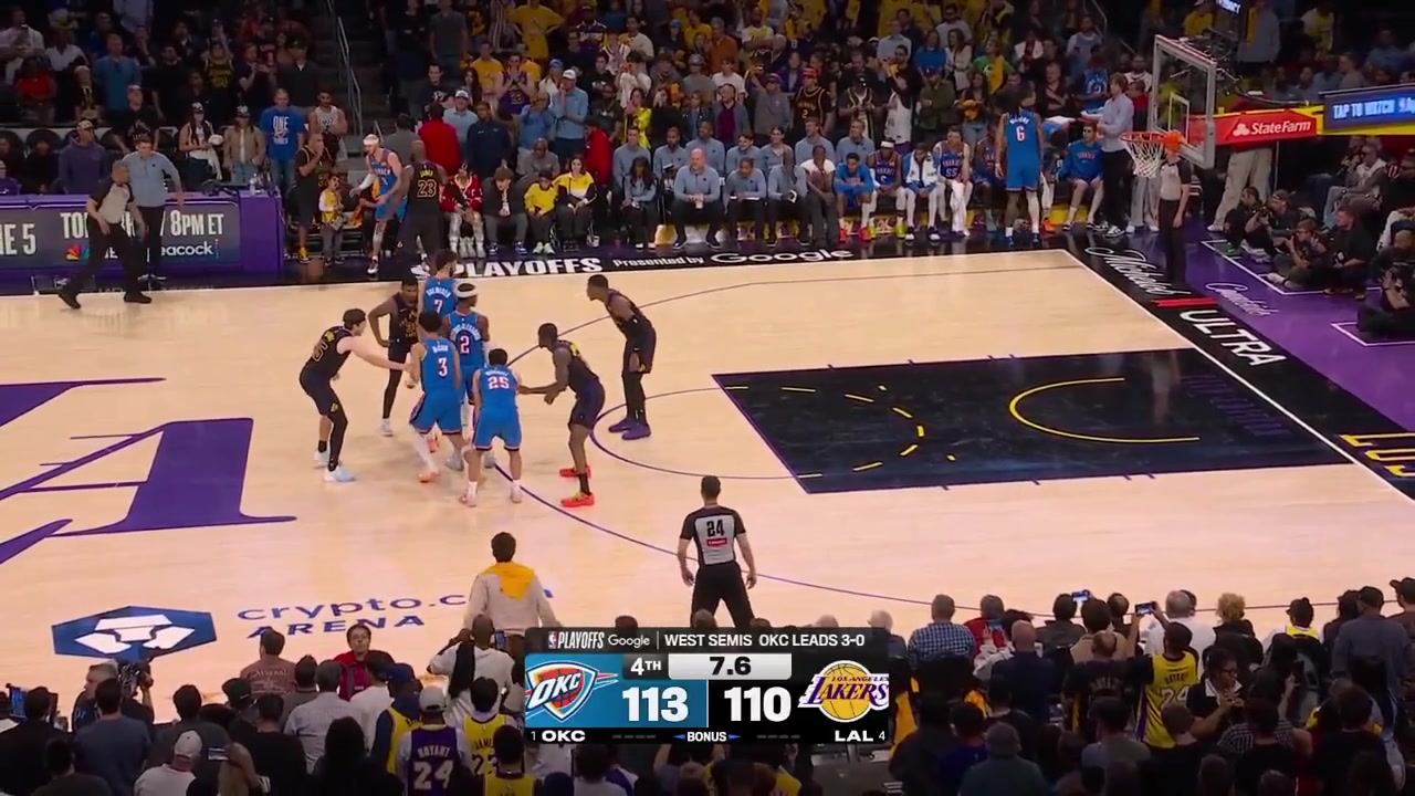 The Final moments of game 4 - Los Angeles Lakers vs Oklahoma City Thunder Ajay Mitchell makes both clutch free throws to put the Thunder up 5 the Lakers fail to score and OKC complete their 2nd straight sweep of the playoffs clinching a Western Conference Finals spot SGA interview