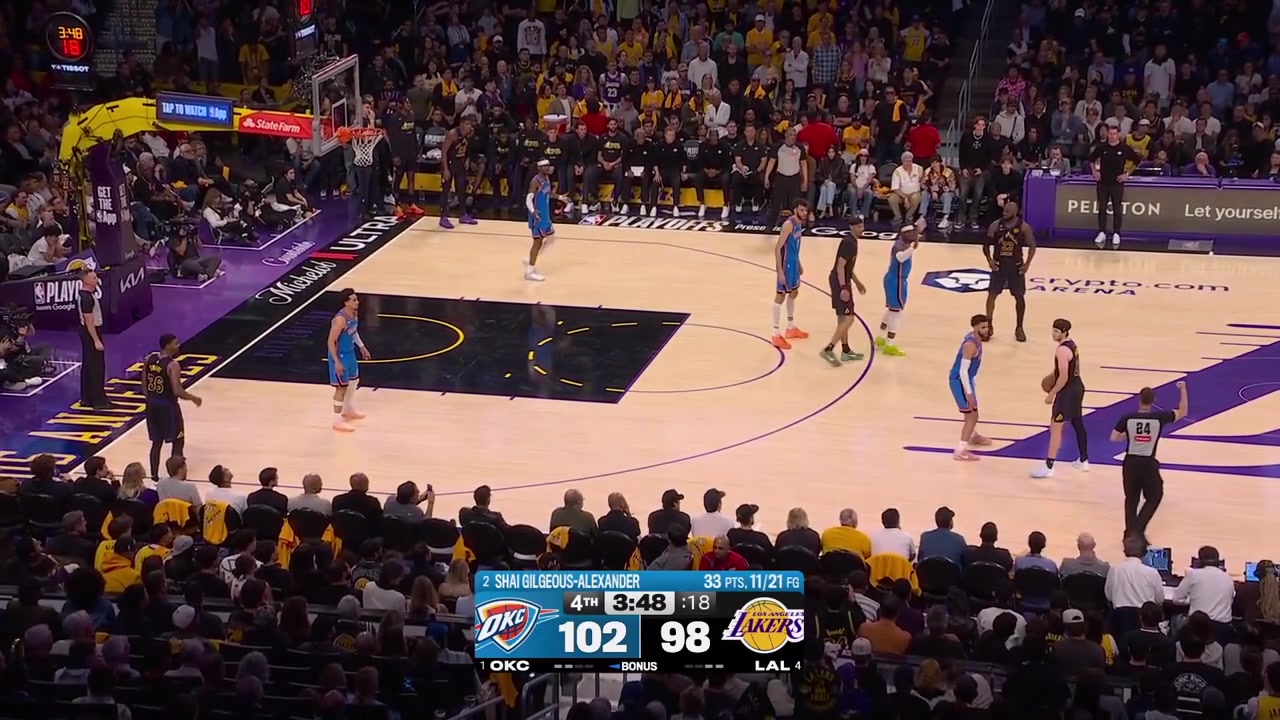 Austin Reaves banks in the logo 3-pointer with his left hand off the whistle