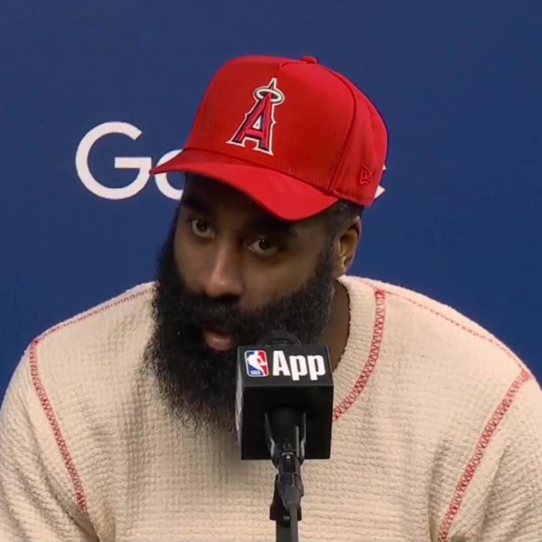 Reporter Angels cap because they're in town this weekJames Harden I dont know who playing who nothing I wasnt watching TV or nothing I just wake up and do the same thing everyday Practice everyday