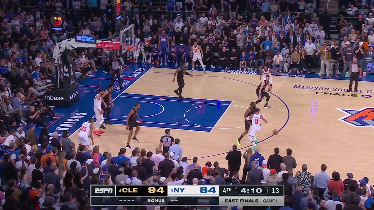 Jalen Brunson banks in the shot and then hits a 3-pointer in James Harden's face to cut the Cavaliers' lead to just 5 with 330 minutes remaining in regulation A 18-1 run by the Knicks