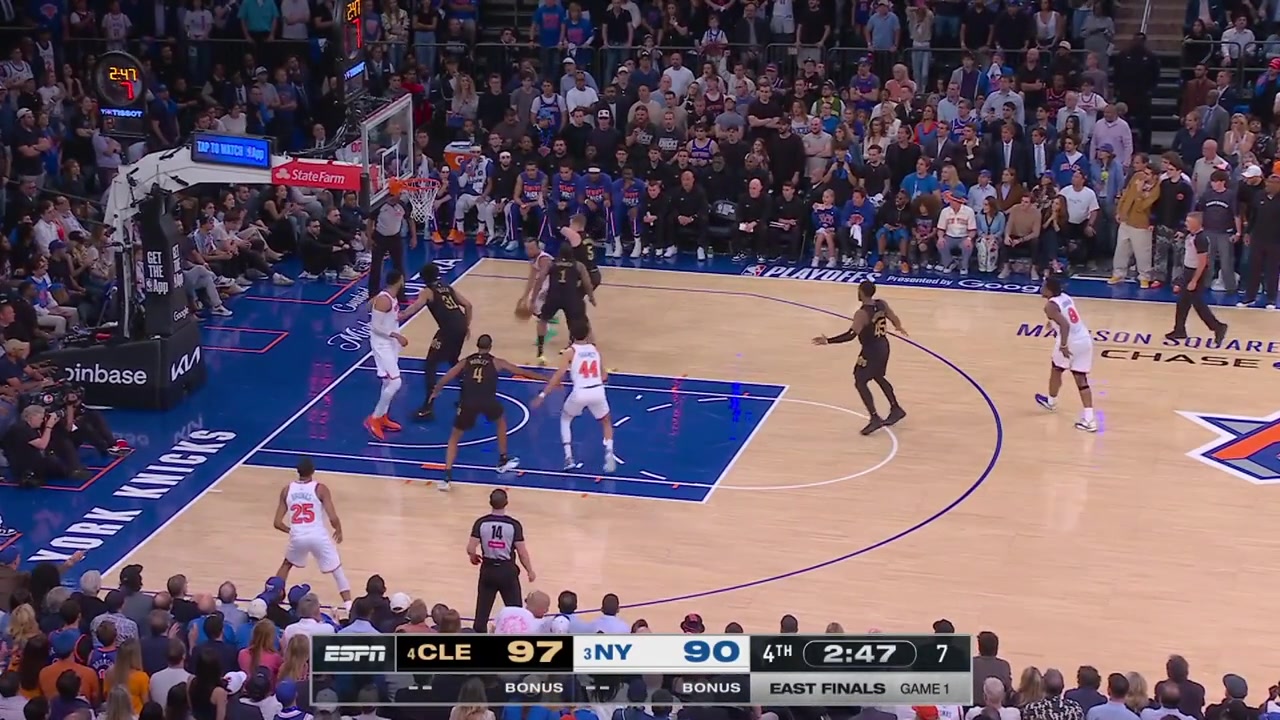 Mikal Bridges dribbles dribbles dribbles and hits the tough step back 3 over Evan Mobley to cut the Cavaliers' lead to 4