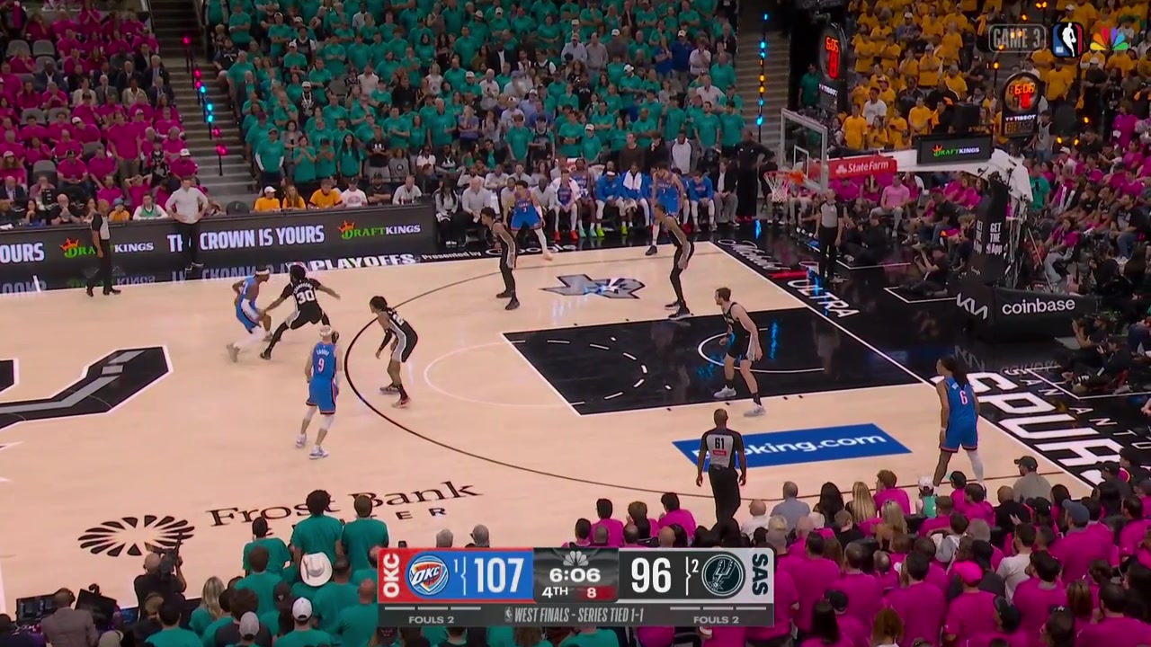 Jared McCain finds Jaylin Williams for the 3 and a foul beating the shot clock