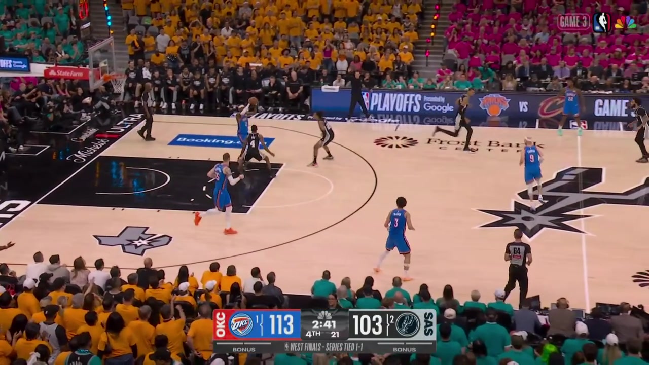 Spurs double SGA at midcourt and Shai lofts the skip pass over to Cason Wallace for the three pointer