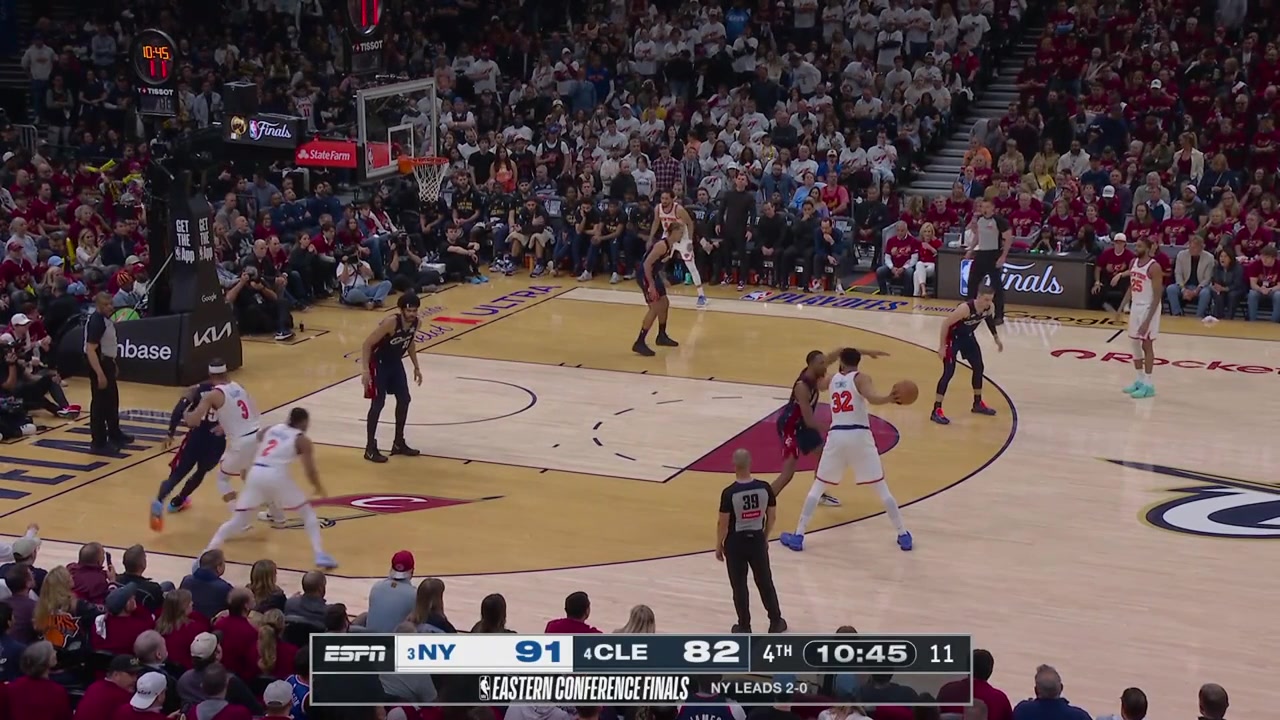 Josh Hart hits the corner 3 and Josh Hart with the outlet pass to Mikal Bridges for the easy fastbreak layup with a replay 20 Points for BridgesThe Knicks are up 14 points and the Cavaliers take an early timeout in the 4th quarter