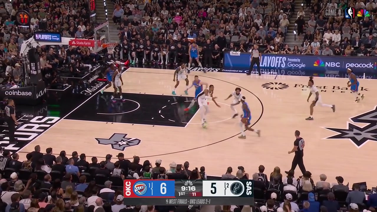 Victor Wembanyama and Isaiah Hartenstein warp around hands around each other like two good friends during a rebound and Hartenstein is called for the foul with a replay