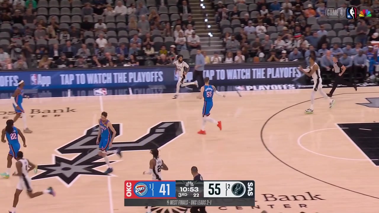 Stephon Castle with the beautiful layup off the spin move on Aaron Wiggins putting the Spurs up 16 points and the Thunder take an early timeout with a replay
